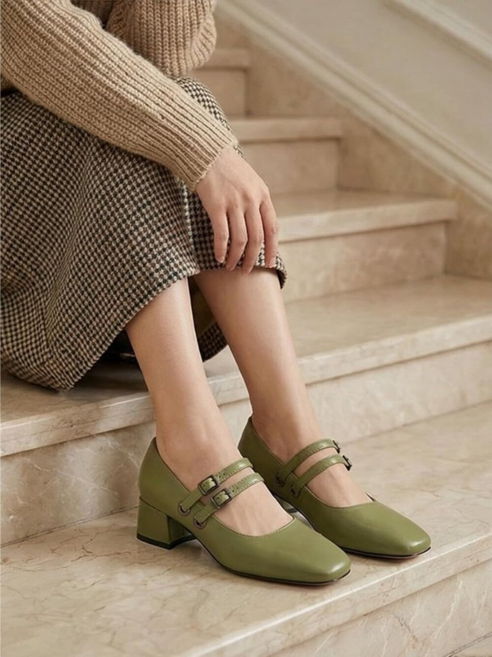 Women's Green Mary Jane Low Pearl Heels Closed Square Toe Pumps Ballet Shoes - Picture 2 of 6